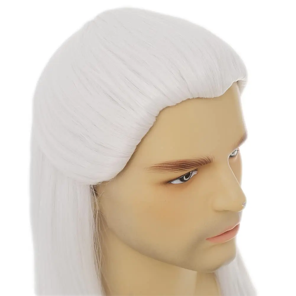 Peluca de Cosplay de Geralt of Rivia, pelucas de pelo sintético liso blanco plateado para hombres, disfraz de juego novedoso para fiesta y Halloween