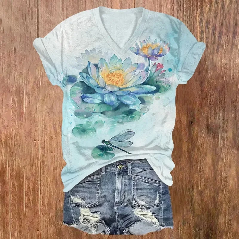 Watercolor Water Lily And Dragonfly Design Art Printed Causal T-shirt Summer Women's T Shirts