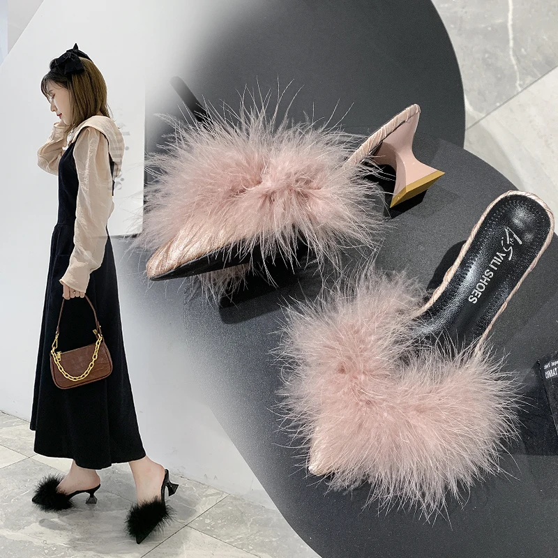 

2025 Women's Half Slippers New Summer Sexy Temperament High-heeled Slippers Female Fashion Furry High Heels Slides