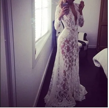 Sexy White Long Sve Deep V Ne Lace See tough Bodycon Dr with Train for Women Autumn 2024 Other 00% Material