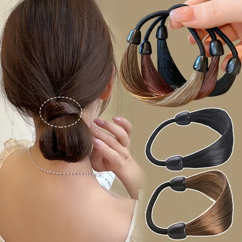 1/5pcs Rubber Band Made of Hair Simulation Wig Head Rope Fashion Wig Hair Ring Straight Hair Tie Ponytail High Elastic Hairbands