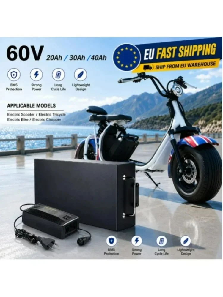 60V 18650 Lithium-Akku-Pack 20Ah 30Ah 40Ah für Harley-Style Chopper Elektromotorrad CityCoco Elektroroller Wasserdichter Wiederaufladbarer Akku mit eingebautem BMS EU Schnellversand