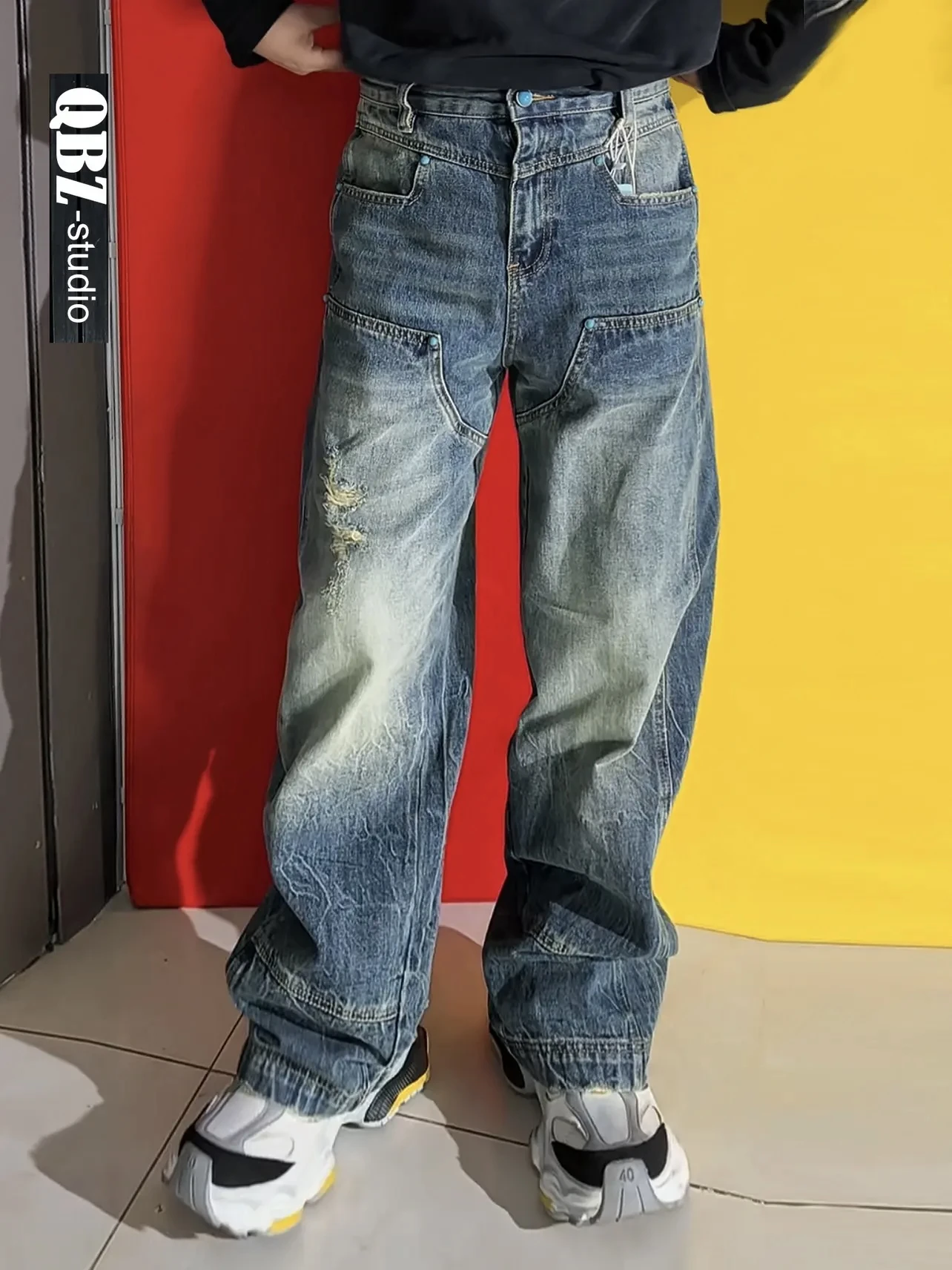 Calças Jeans Retrô Lavadas de Perna Reta Solta, Calças Largas na Altura do Chão Modernas para Homens e Mulheres, Estilo Jovem...