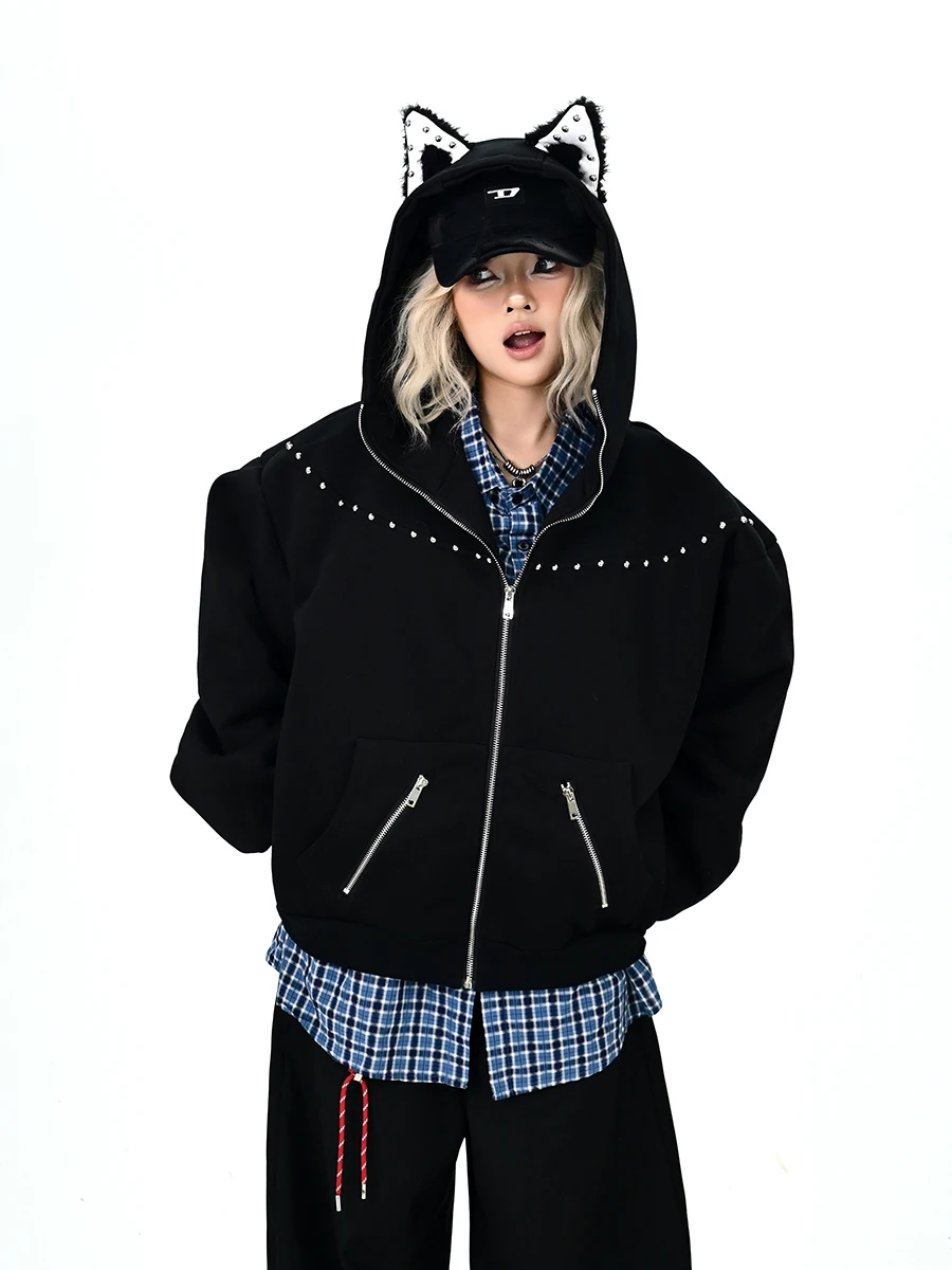 

Bla Ear Hoodie Cardigan Women's Loose BF College Sle Jaet Nail Art Autumn New Arrival Street Sle Long Sve