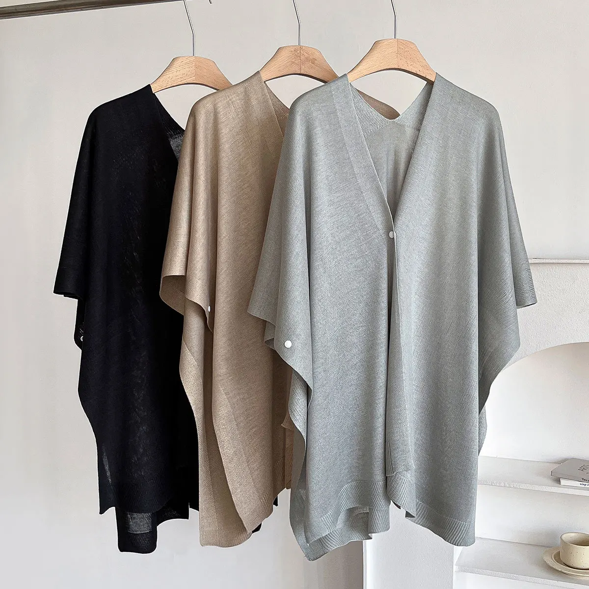 Women Thin Knit Poncho Cape Loose Spring Autumn Summer Cardigan Lightweight Shawl Wrap Elegant Office AC Sunproof Cover Up