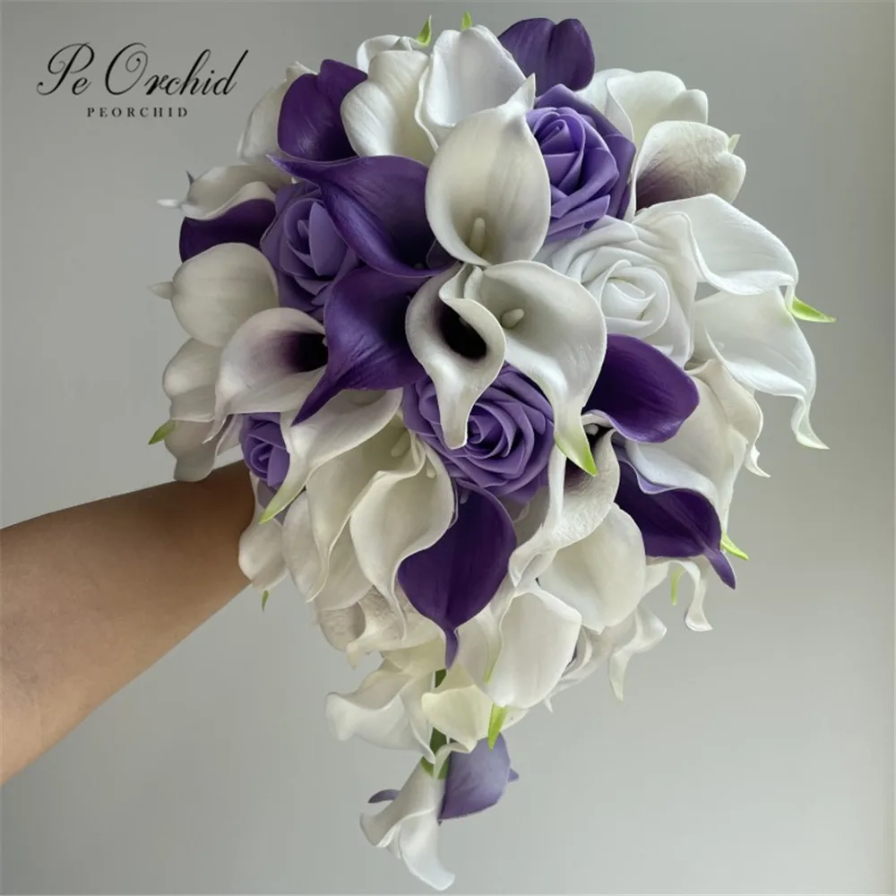 PEORCHID Purple&Ivory Wedding Bouquet Waterfall Foam Roses Real Touch Calla Lilies Artificial Bridal Cascade Flowers Bouquets