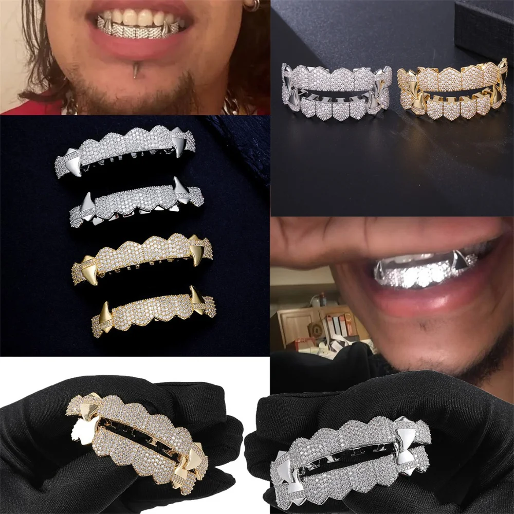 Anztilam Square Iced Out Grillz Full Zircon Teeth Shine Grills Men Women Hip Hop Tooth Grills Caps Brass Fashion Jewelry