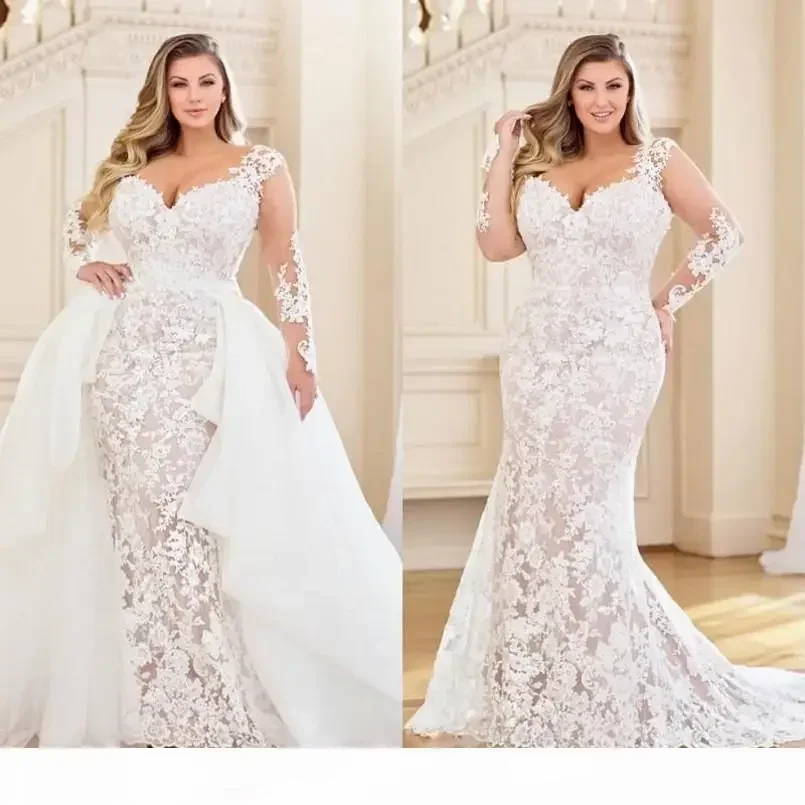 Abiti da sposa a sirena taglie forti personalizzati Abiti da sposa con scollo a V applicati in pizzo a maniche lunghe con strascico staccabile