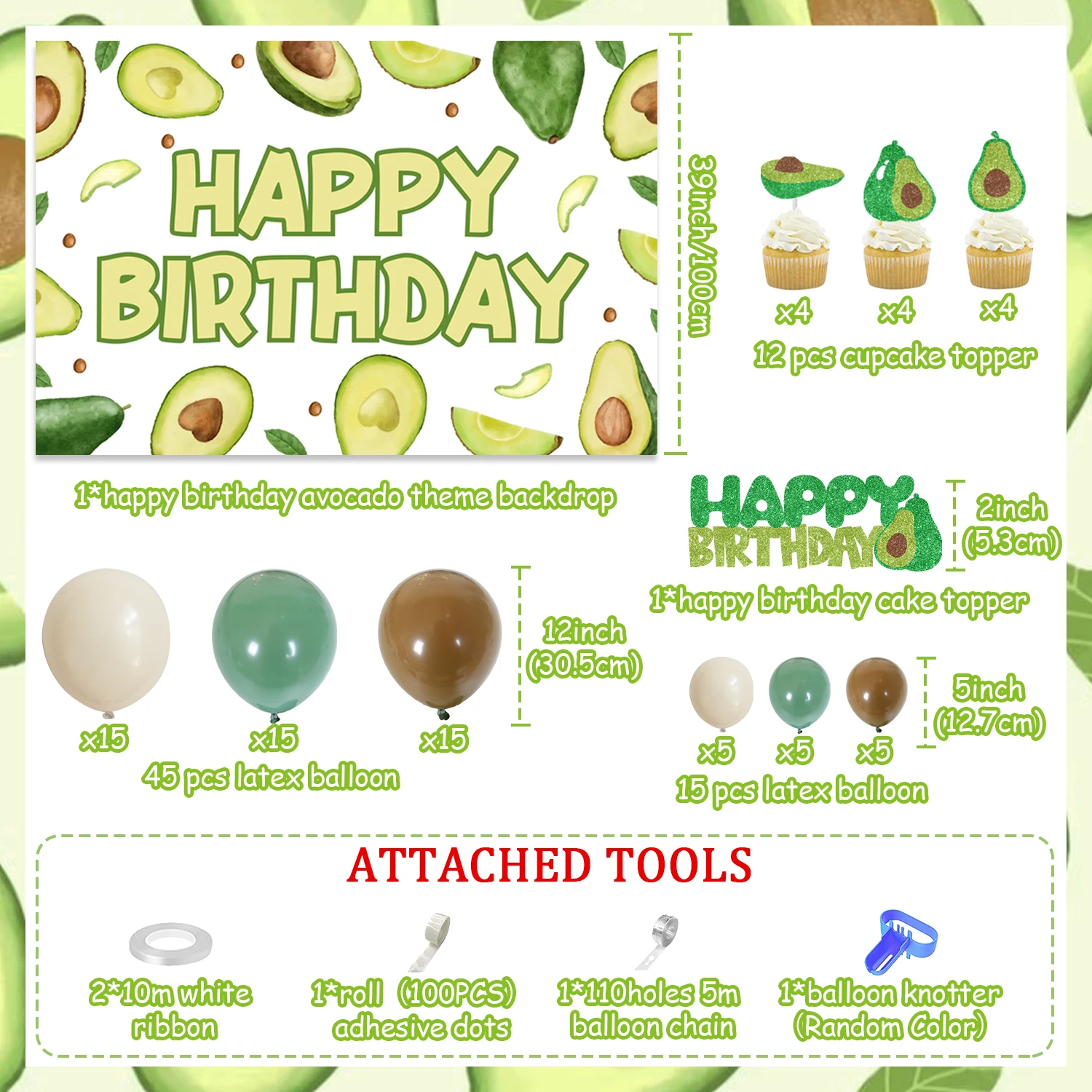 Avocado Themed Birthday Decor Balloon Garland Arch Kit Happy Birthday Backdrop Avocado Cake Topper for Boys Girls Party Supplies