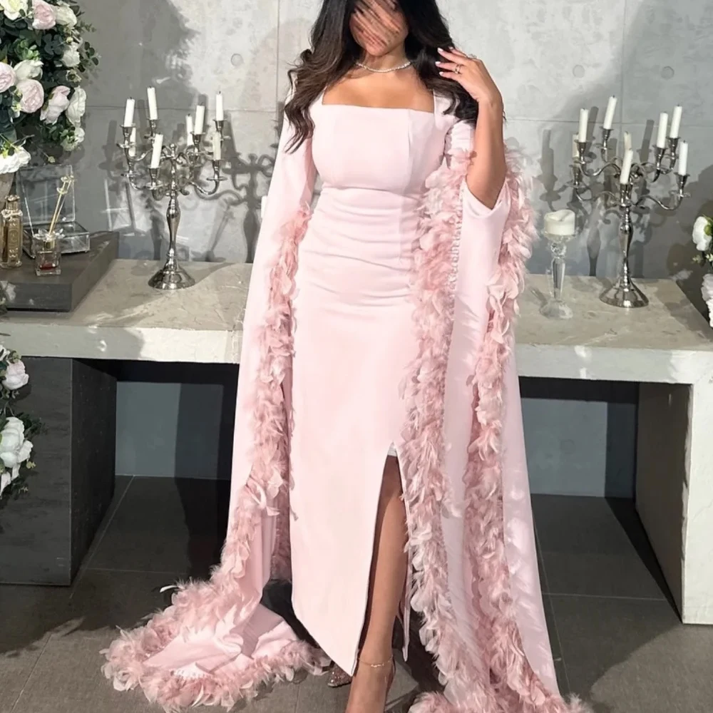 

High Quality Customized Strapless High Fork Cap Sleeve Pink Feathers Evening Dress 2025 Elegant for Wedding Party Dress فستان