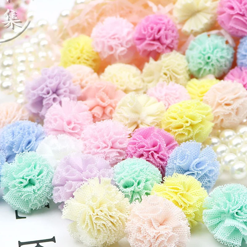 20mm Lace Gauze Pompones Elastic Flowers Pompoms Ball Mesh Pendant for Hair Clip DIY Crafts Garment Decor Sewing Accessories