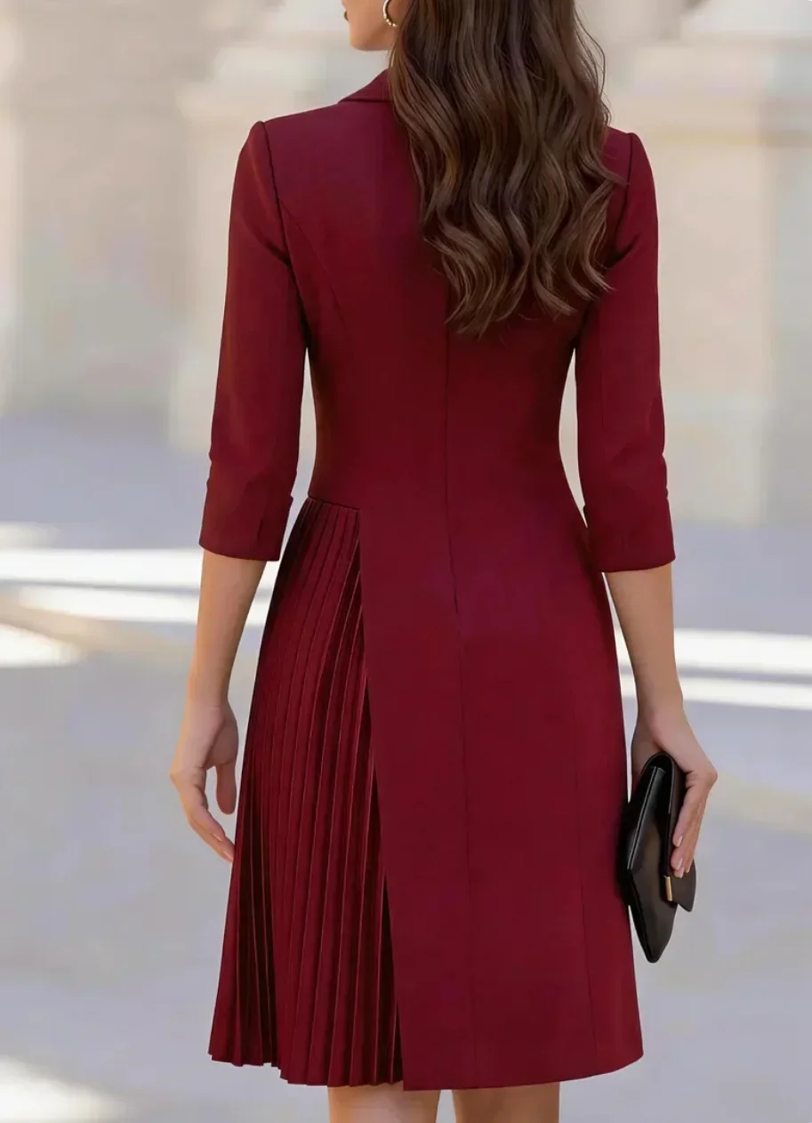 Bürodamen-Blazer-Midikleid mit gekerbtem Revers, doppelreihigen Knöpfen, 3/4-Ärmeln, plissiertem Swing-Schnitt, für Business- und Party-Anlässe. – Detail 8