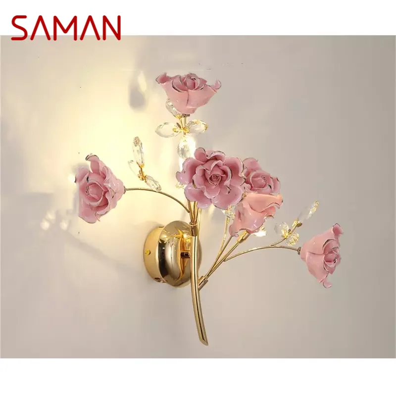 SAMAN lámpara de pared interior de estilo europeo, accesorios de lujo de cristal rosa, candelabros de luz LED modernos para decoración del hogar