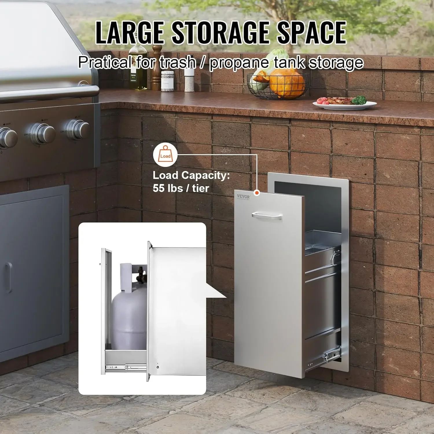 Trash Drawer 13.4"W x 25.7"H x 19.6"D Lower Sliding Rails Stainless Steel Roll Out Trash Bin Pull Out Tray Outdoor Kitchen Trash