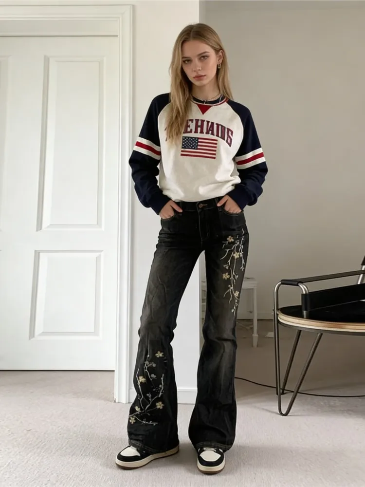 

Джинсы с цветочной вышивкой в стиле 2000-х, винтажные расклешенные джинсы с низкой посадкой, женские ретро-брюки Y2K, свободные джинсовые штаны, базовые брюки в уличном стиле