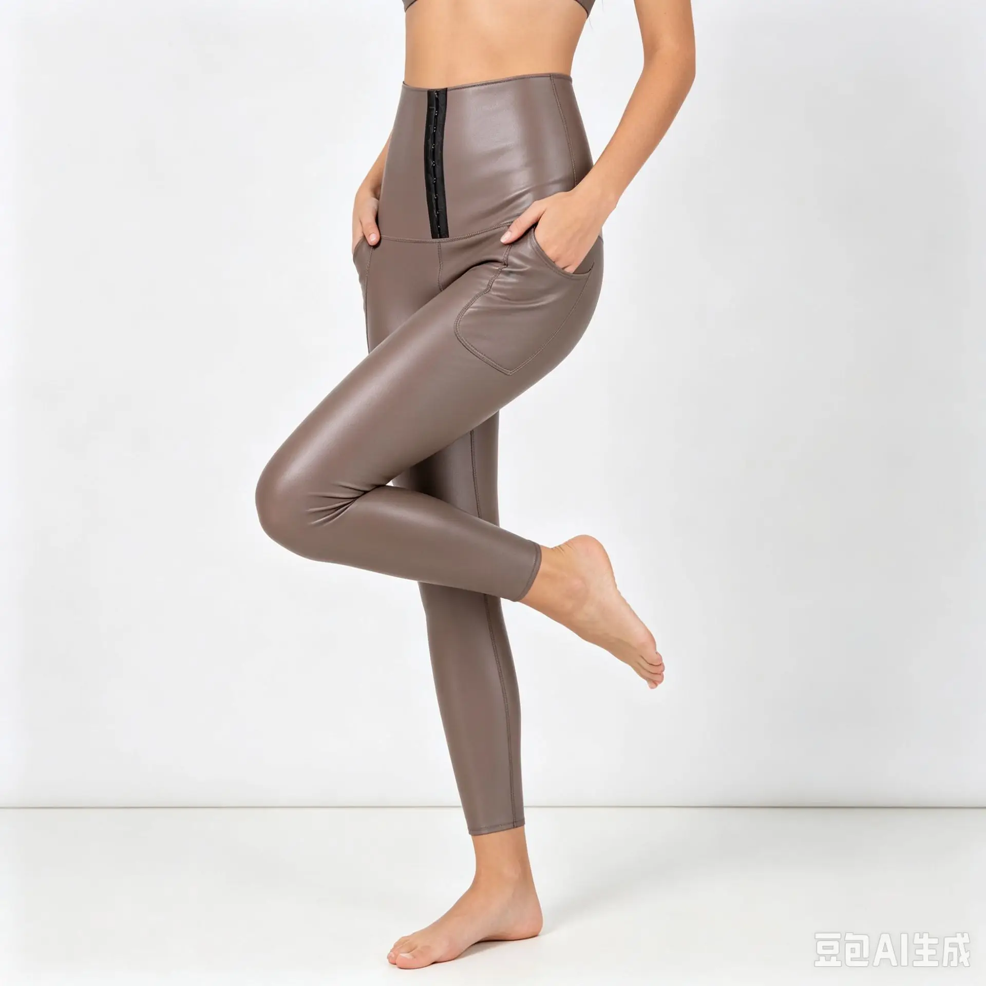 Women's High Waist Faux Leather Leggings Button Fly Stretchy PU Pants with Pockets