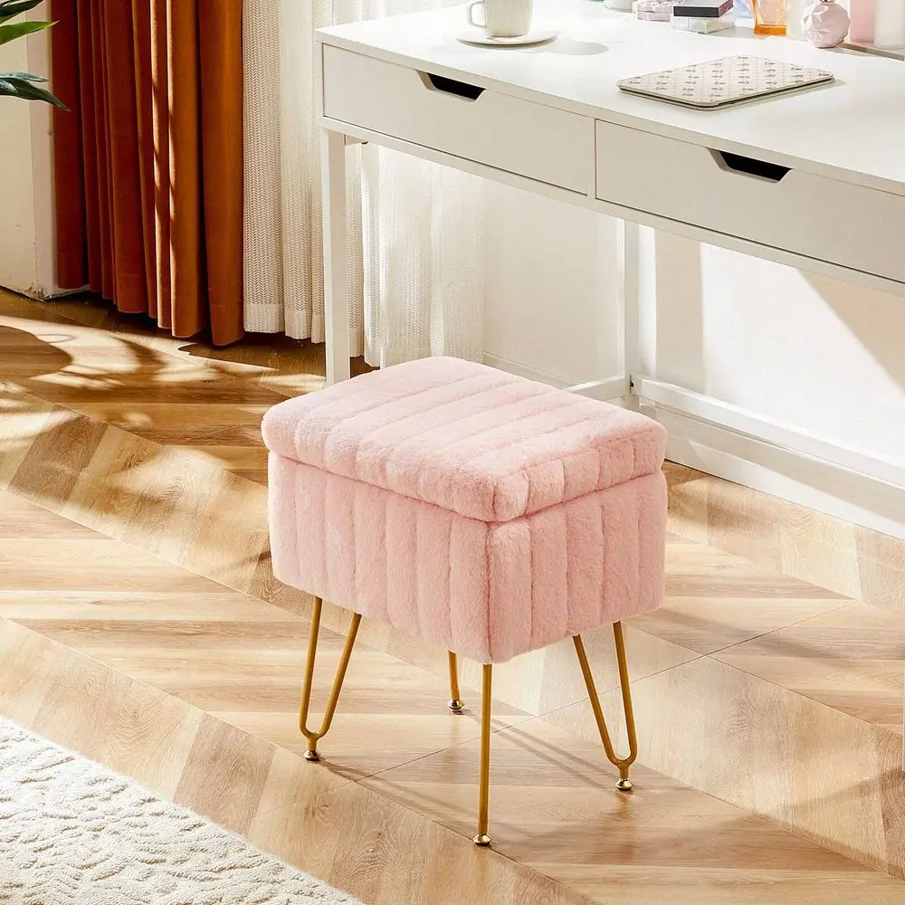 Faux Fur Vanity Stool with Storage, Soft Padded Makeup Footstool with Adjustable Anti-Slip Metal Legs