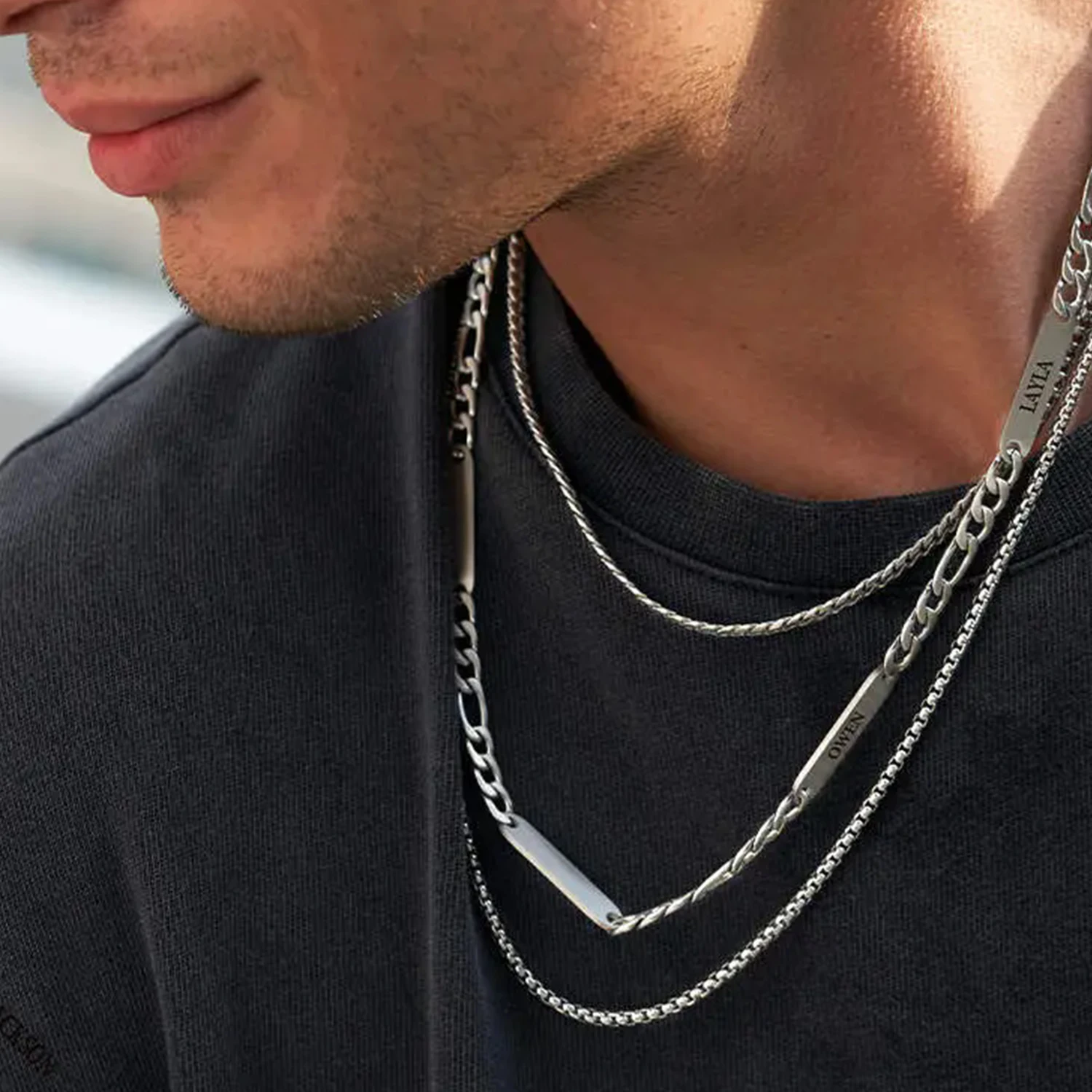 Personalized Name Engraving Necklace Custom Stainless Steel Long Chain Choker Necklace with Family Name Fathers Day Gift