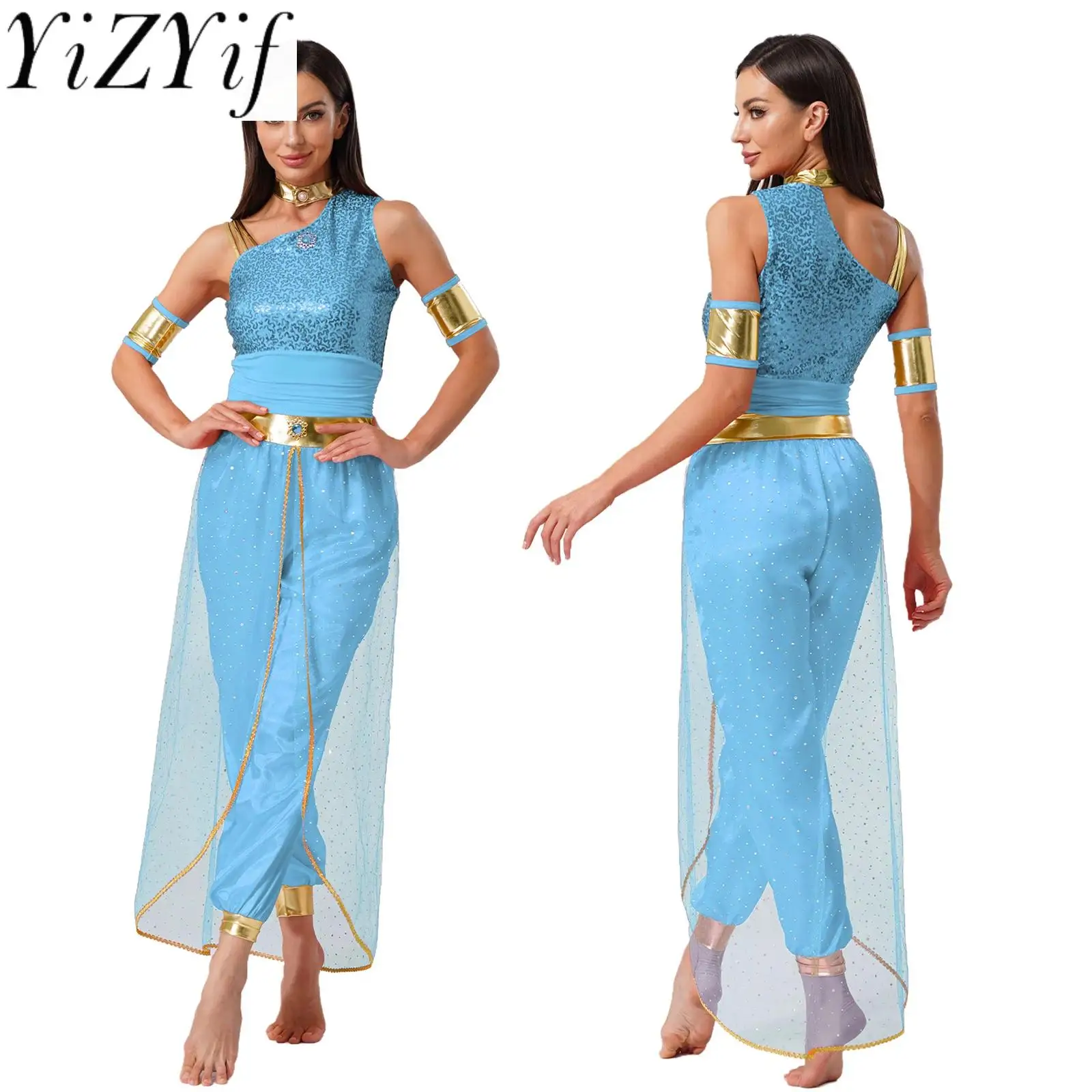 

Women Festival Arabian Indian Princess Queen Cosplay Jumpsuits Carnival Party Shiny Ethnic Belly Dance Performance Costumes