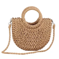 Women Handwoven Semicircle Tote Handbag Half-Moon Straw Rattan Fashion Shoulder Bag Summer Large Capacity Weaving Crossbody Bag
