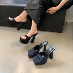 High-Heeled Shoes Lady Square Toe House Slippers Platform Slides Slipers Women Low Denim 2024 PU Cotton Fabric Rome Rubber Hoof