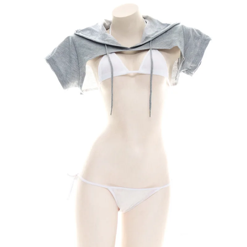 Hot Lolita Anime Meisjes Grey Bikini Set Cosplay Sexy Capuchon Lange Mouw Sweatshirt Bikini Halloween Bandage Badpak Lingerie Set