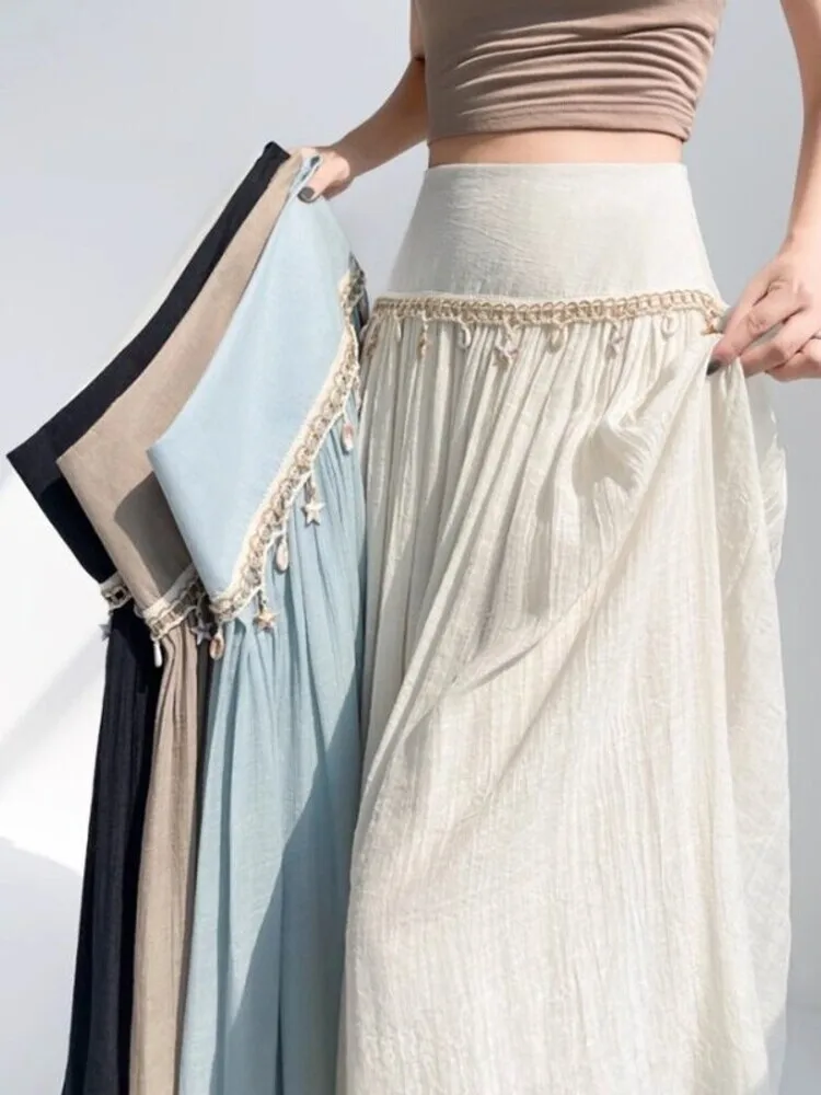 

Spring Summer Bohemian Long Skirts Women Tassel Shell Design Elastic High Waist Beach A-line Casual Elegant Boho Skirt