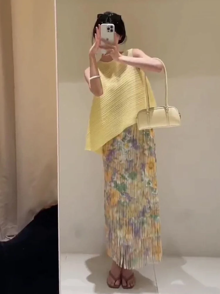 

Летний комплект: флуоресцентно-желтая юбка-миди и топ с бахромой, женский модный комплект в повседневном стиле, из дышащей полиэстеровой ткани