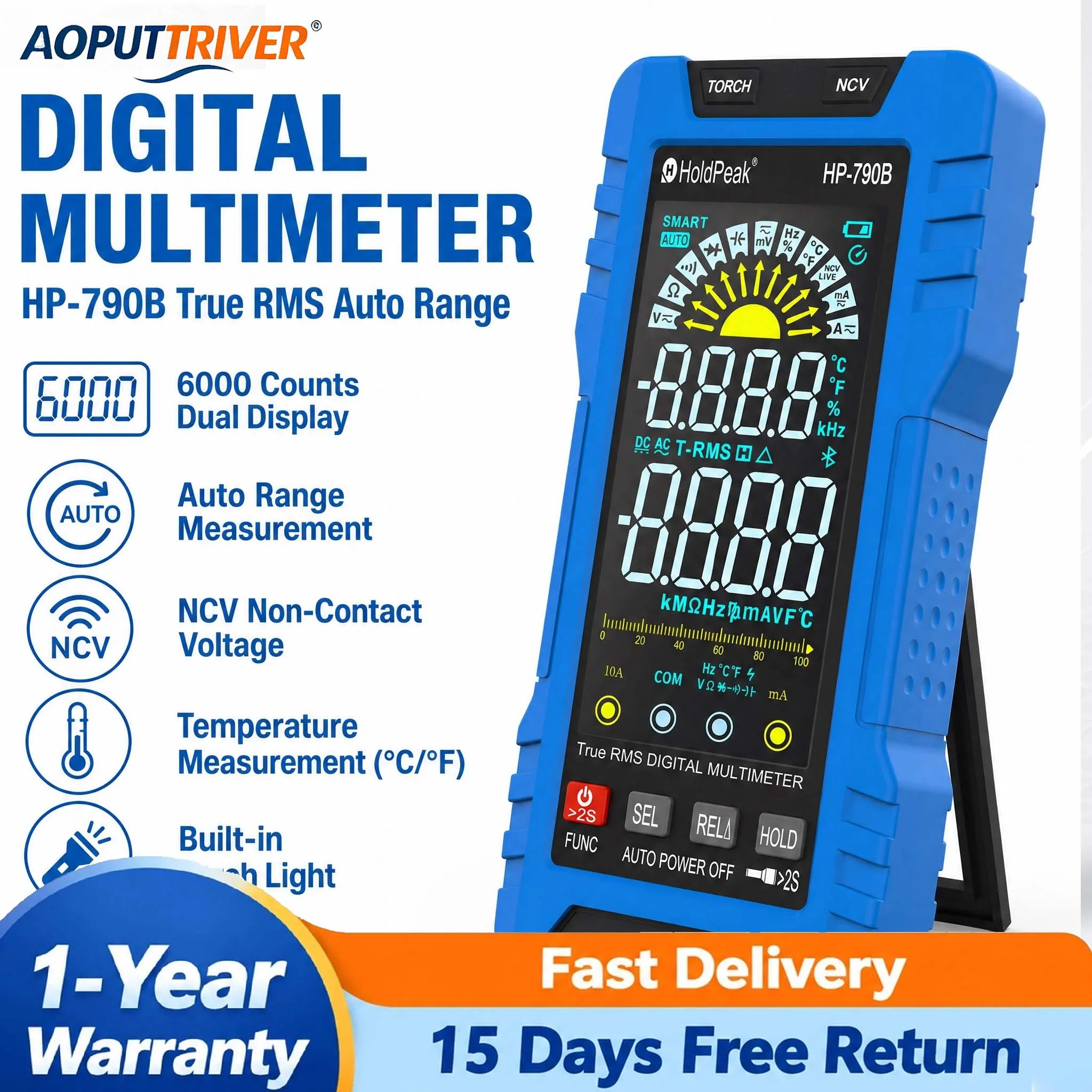 Auto-Range True RMS Digital Multimeter 6000 Counts NCV Live Wire Tester Type-C Rechargeable AC DC Voltage Current Resistance
