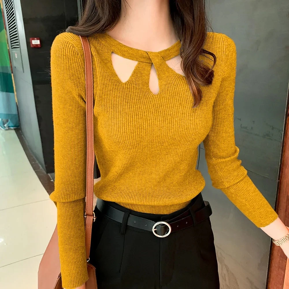 

Women's O-neck Stretch Sexy Pullover Lady 2023 Autumn Winter Hollow Solid Color Sweater Slim Bottoming Shirt Jumper Sueter