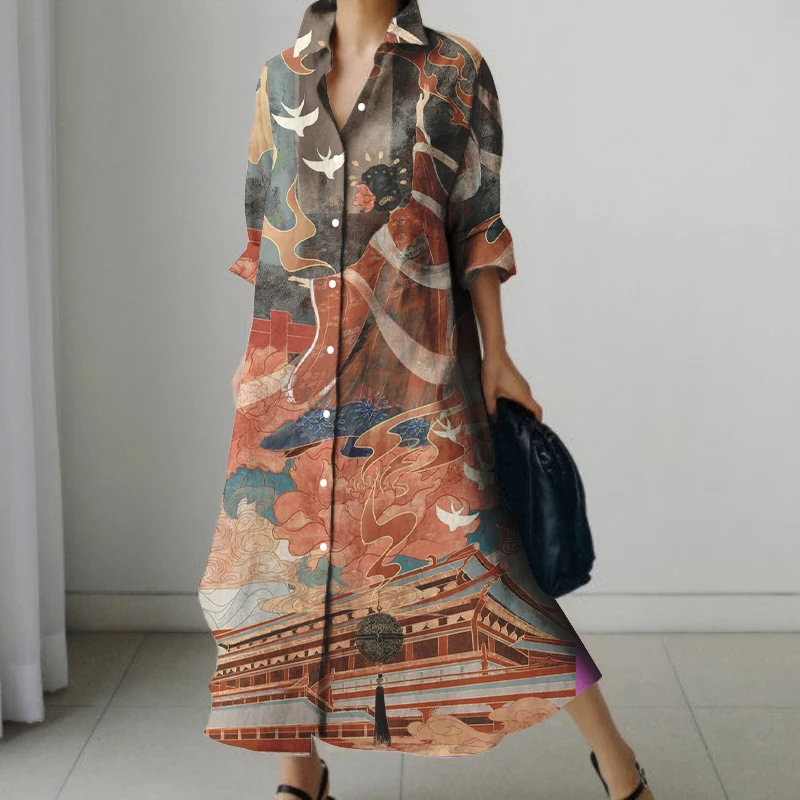 2024 New Japanese Portrait Print Autumn Long Sleeve Shirt Dress Street Fashion Single Breasted Long Skirt Loose And Comfortable