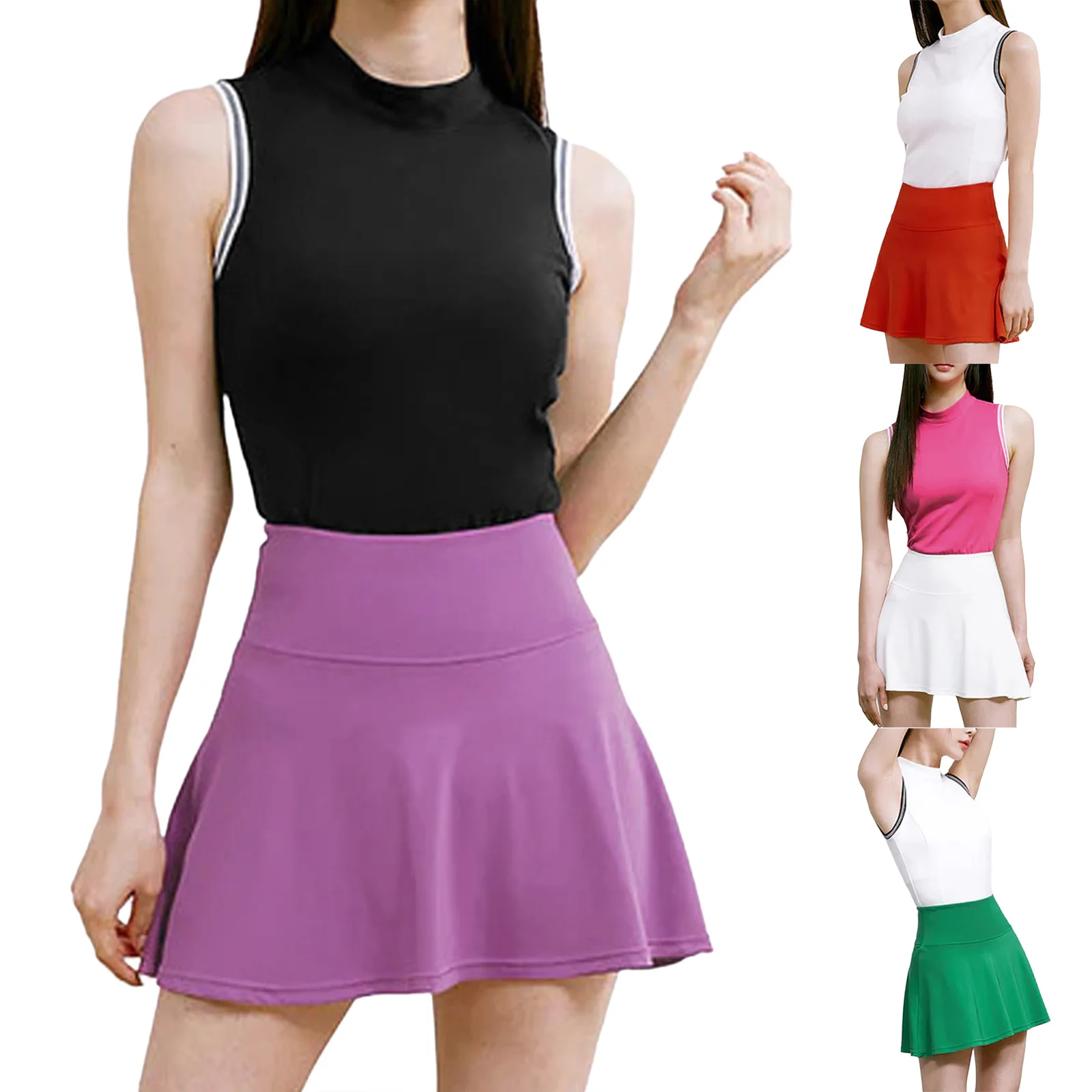 Contrast‑toned Top Matched with Protective Skirt, Suitable for Badminton, Tennis, Outdoor Ball Activities