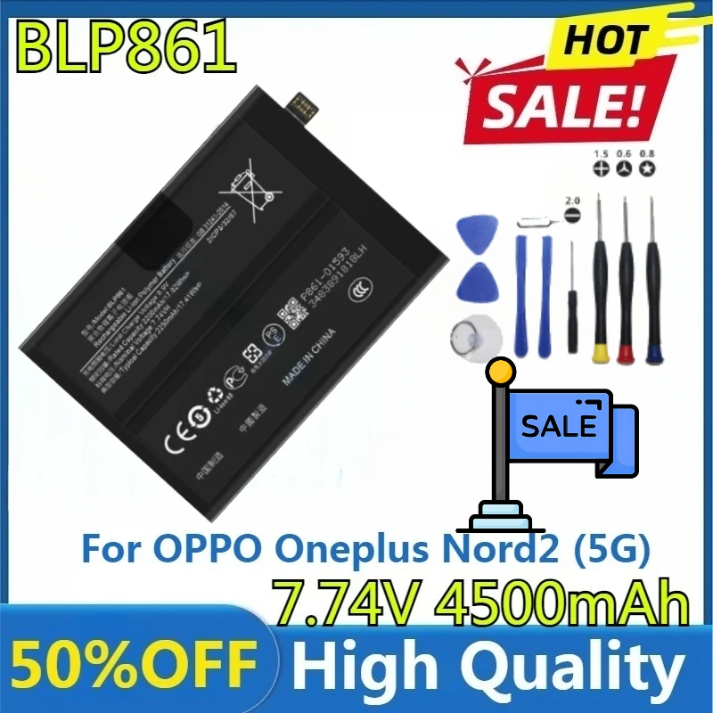

Для OPPO Oneplus Nord2 (5G)/Nord 2T 5G/9RT Высококачественная батарея Новая сменная батарея BLP861 4500 мАч + инструменты