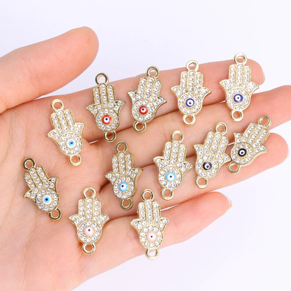 10Pcs Fashion Hand of Fatima Evil Eye Alloy Charms Bracelet Connectors Lucky Jewelry Making Handmade Findings Crafts Mixed Color