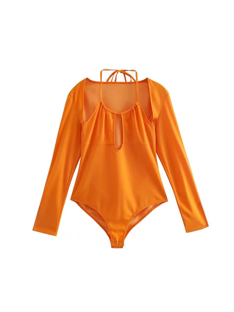 XEASY Damen Chic Design Mode Halter Bodysuit 2022 Sommer Orange Vintage Langarm V-ausschnitt Krawatte Body