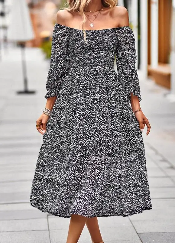 

2026 Spring/Summer New Women's Fashion Casual Square Neck Seven Sleeve Splicing Dress Women's Wear