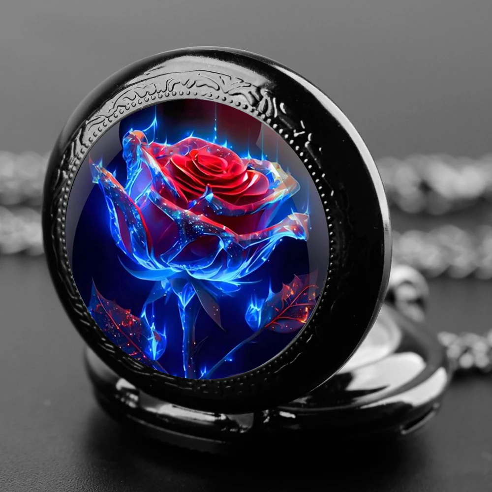 Frozen Rose Inspired Design Black Quartz Pocket Watch with Durable Chain Arabic Numeral Time Display for Men and Women Gifts