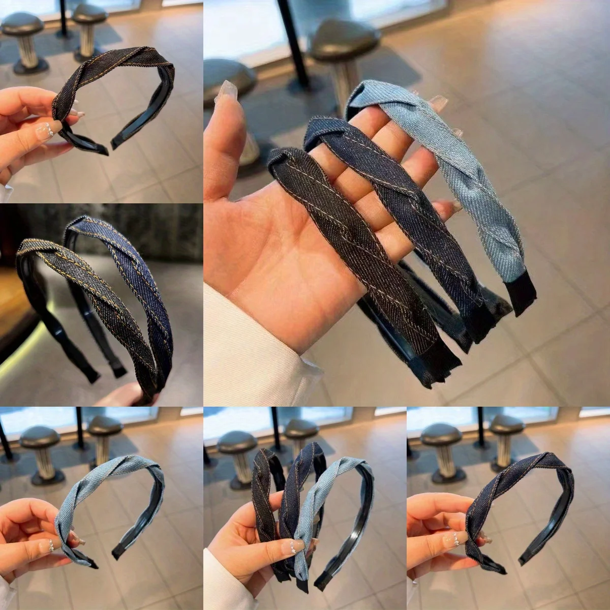 

Vintage Denim Braided Headband Non Slip Grip Teeth Thin Twist Design Elegant Hair Accessories for Women Casual Style