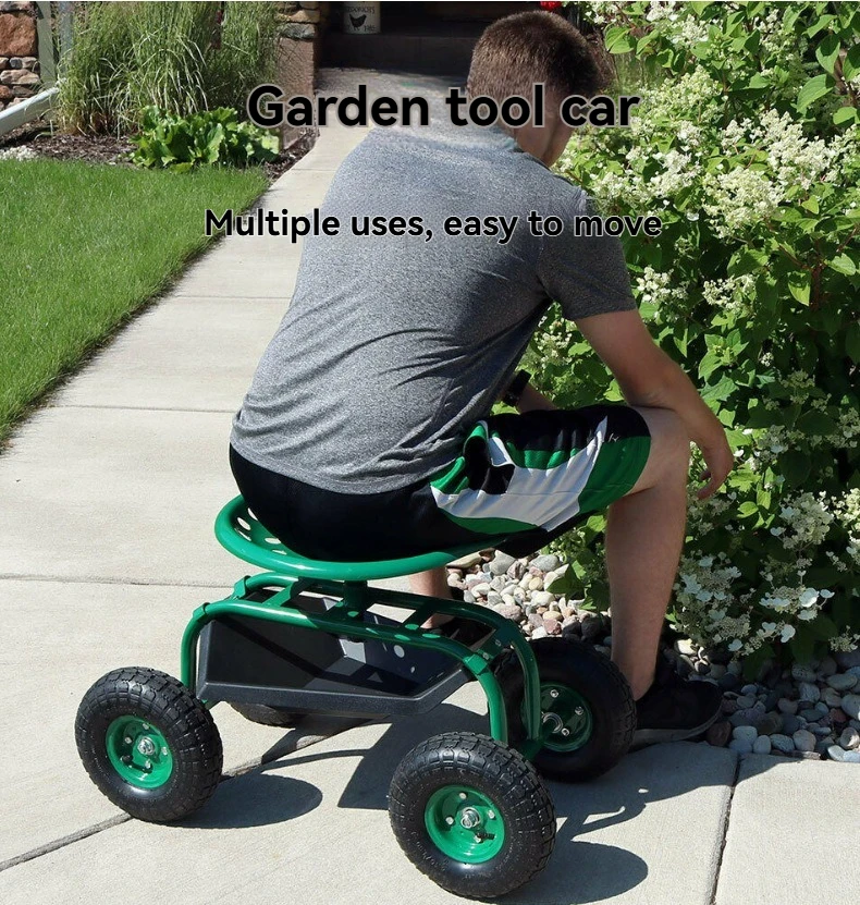 

Передвижная садовая тележка с вращающимися на 360 градусов сиденьями и подносами для инструментов, подходящая для садовых теплиц, газонов.