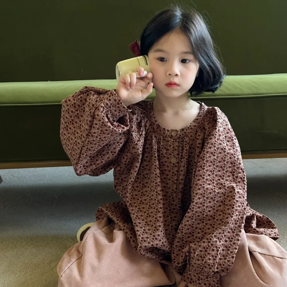 

Autumn Baby Girls Korean Style Pastoral Style Shirt Children Baby Girls Casual Loose Bubble Sleeve Top Children Shirt Top 2025