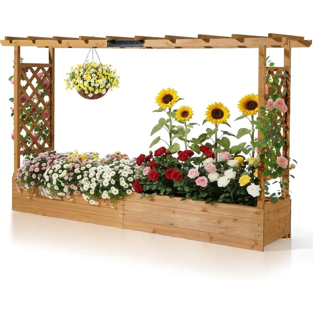 

Raised Garden Bed with Trellis, Elevated Wooden Planter for Outdoor Vegetables, Patio and Balcony Use (Teak, Wider)