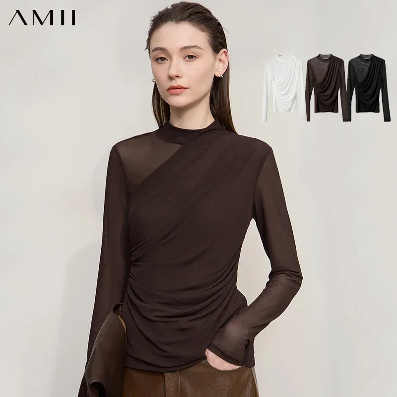 AMII T Shirts Women 2026 Autumn New O-Neck Slim Versatile Lady Knitted Tops Long Sleeve Sexy See-through Mesh T-shirt 12543162