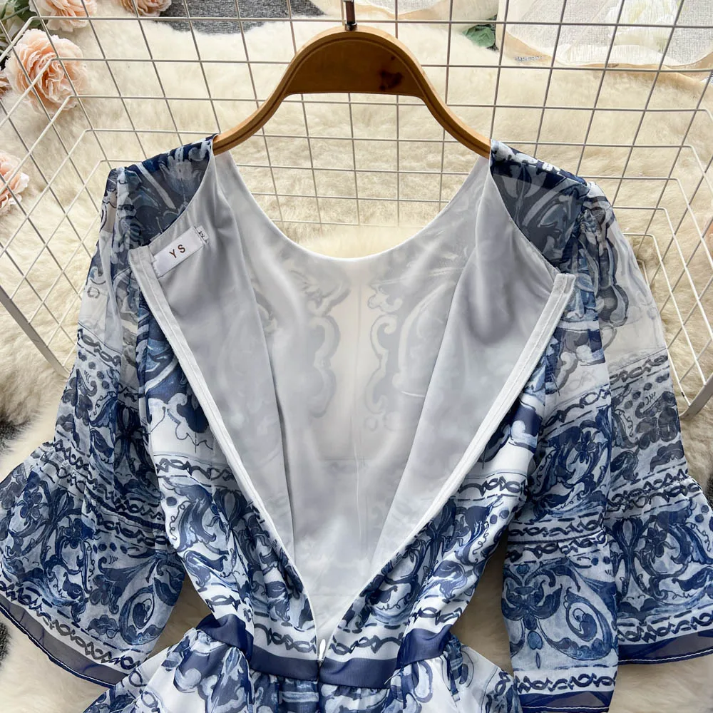 Luxury Runway Summer Women 2023 New Ruffles Cascading Dress Flare Sleeve Blue And White Porcelain 5 Layer Cake Robe Vestidos