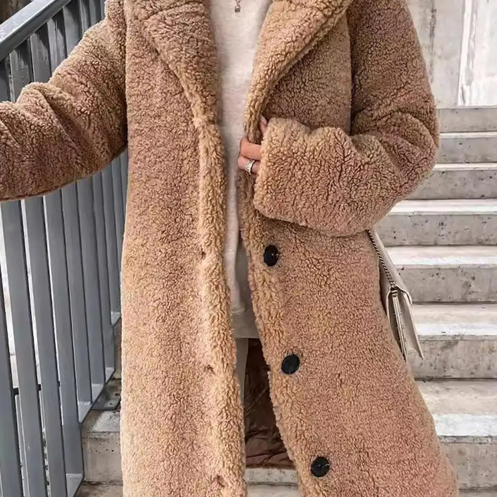 

Autumn Winter Women Jacket Thick Fleece Plush Long Sleeves Button Solid Color Mid Length Jacket Heat Retention Outdoor Coat