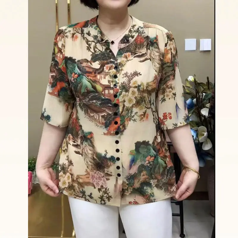 Fashion Commute Summer Blouses Natural Scenery Printed Geometric Button V-neck Half Sleeve Elegant Loose Middle Aged Women Shirt