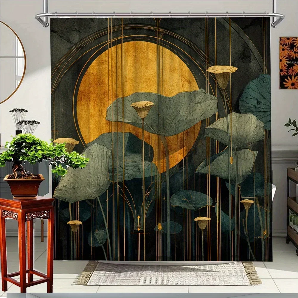 11pc luxury bathroom curtain-elegant lotus curtain with golden decoration, 70x 70 inches, including 12 hooksVVV