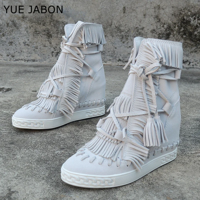 

Winter New Comfortable White Beige Black Women Ankle Fringe Boots Wedge Heels Lady Shoes Lace up Cow Leather Zapatillas Mujer