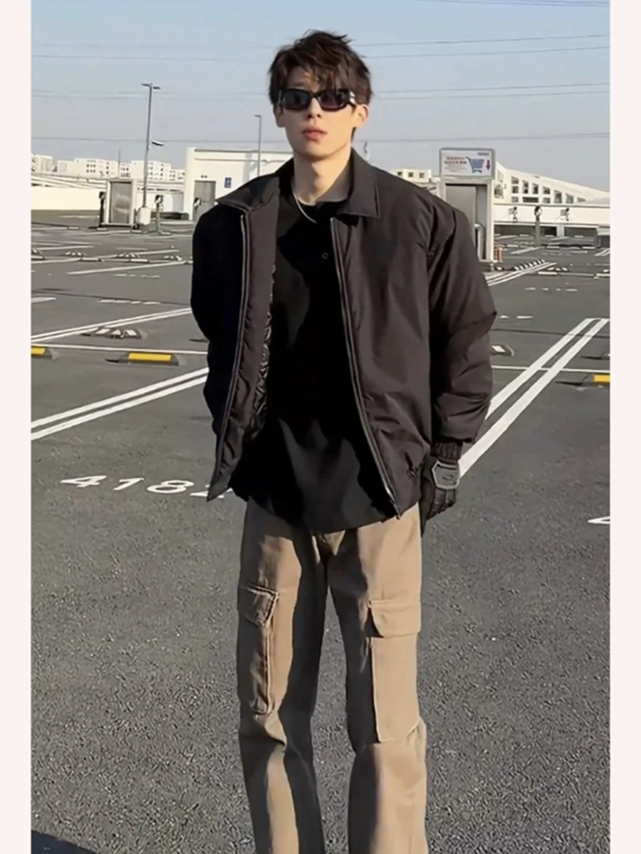 

Bla Cotton Jaet Stand Collar Men's Winter Warm Baseball Sle Filled Coat Youth Casual Long Sve Zipper Closure