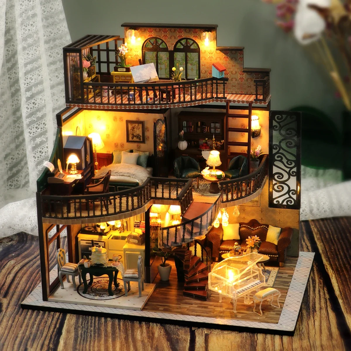 

DIY doll mini doll house kit villa building set birthday gift toy home creative room bedroom decoration with furniture