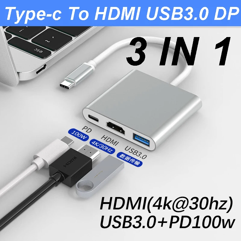 New Type-c HUB USB C To HDMI-Compatible Splitter USB-C 3 IN 1 4K HDMI USB 3.0 PD Fast Charging Smart Adapter For MacBook Dell